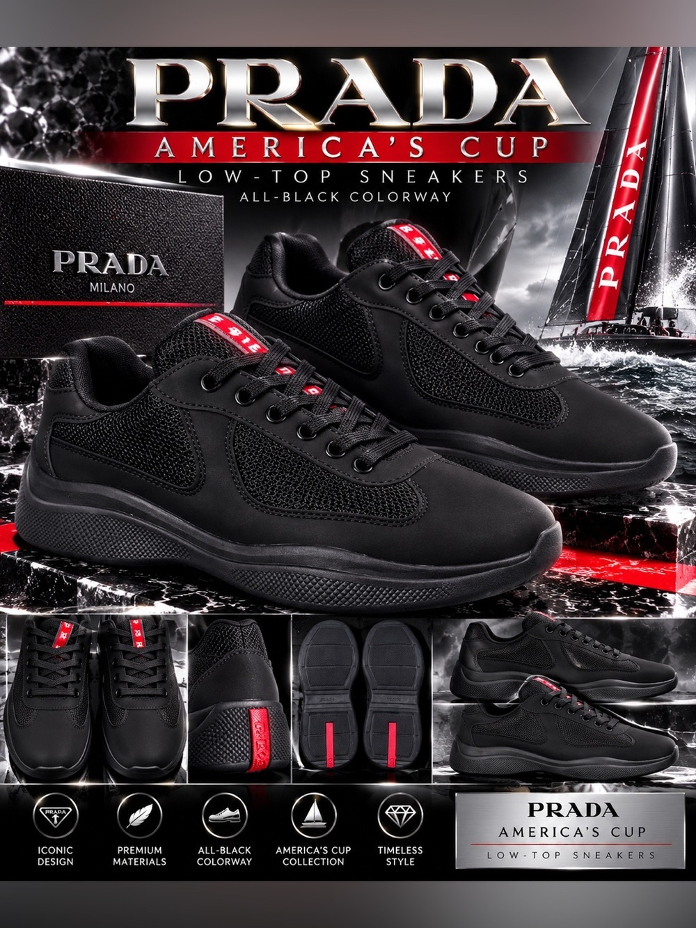 Prada America's Cup low-top sneakers in an all-black colorway🔥New! Size: 8
